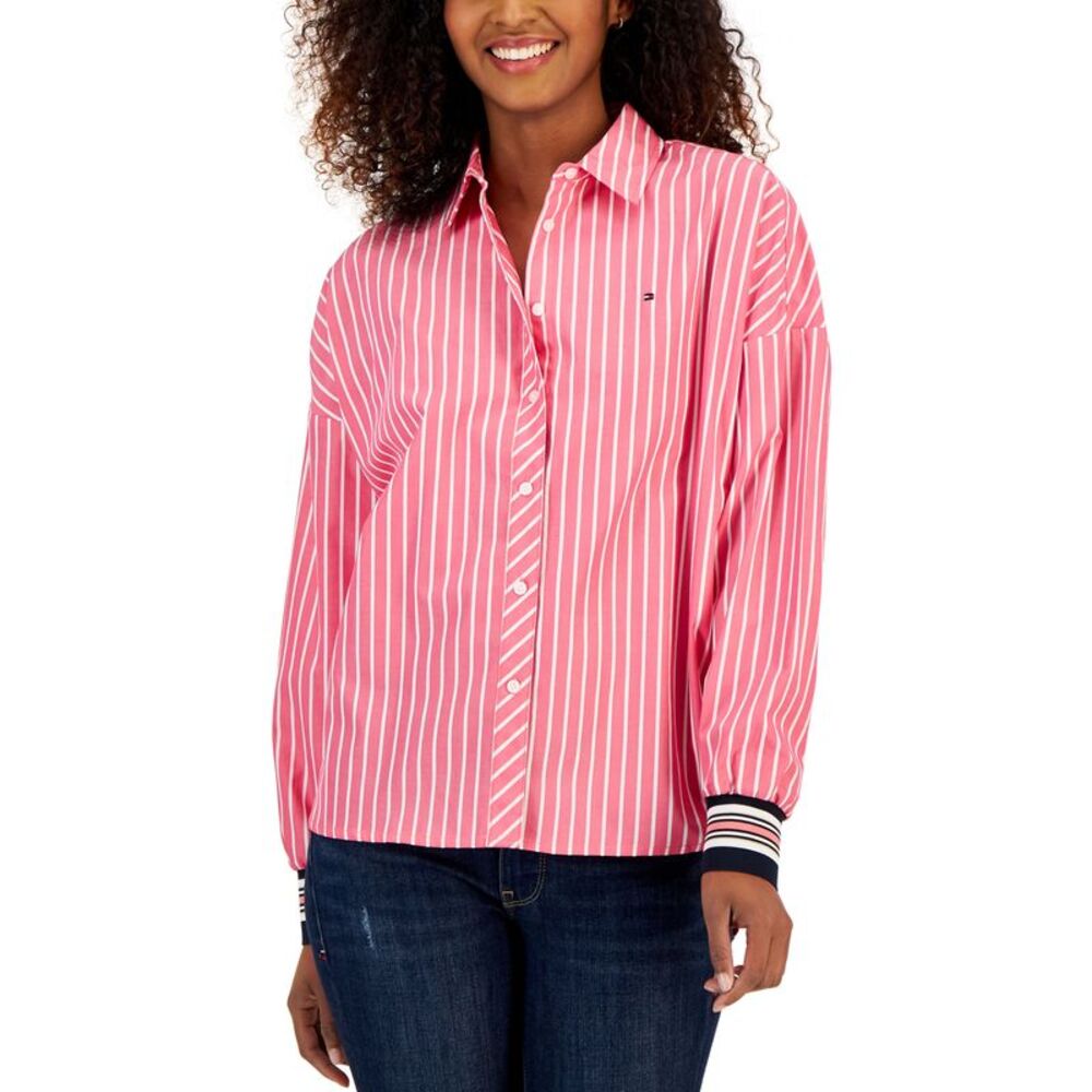 Tommy Hilfiger Women's Button-Down Rib-Strip Long Sleeve Top